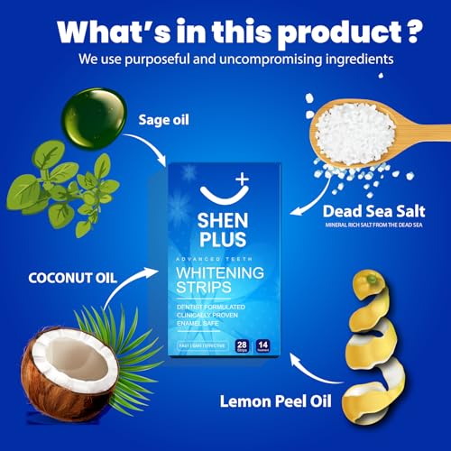 Teeth Whitening Strips Enamel-Safe, Non-Slip Dry 14 Treatments Helps Remove Deep Stain with Coconut, Sage Oil, Dead Sea Salt & Lemon Peel Oil 28 Strips 28 Count (Pack of 1)