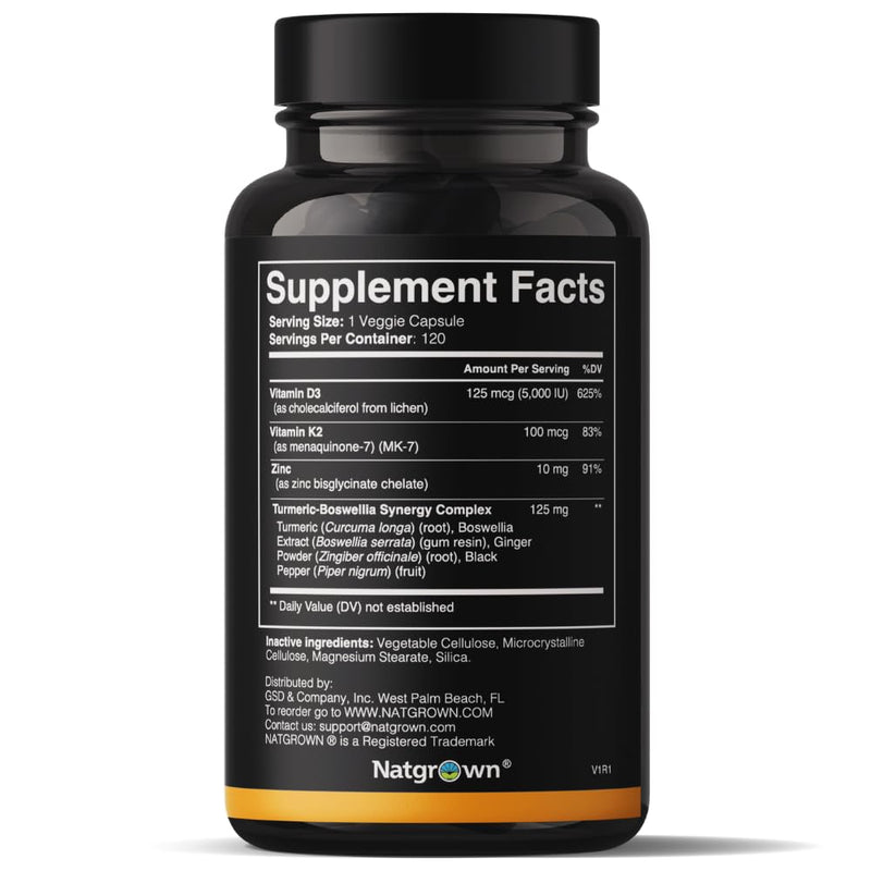 Natgrown Vitamin D3 K2 with Zinc - D3 5000 IU & K2 MK7 100 mcg - 120 Ct | Plant Based Supplement for Bone and Immune Support, Vegan, Gluten-Free