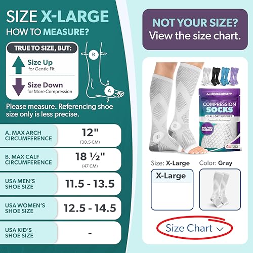 BraceAbility Compression Socks for Circulation - 20-30 mmHg Knee High Neuropathy Open Toe Stockings Best for Varicose Veins, Restless Leg, POTS, Toeless Support for Men or Women - 1 Pair (XL - Gray) X-Large Gray - Open Toe - 1 Pair