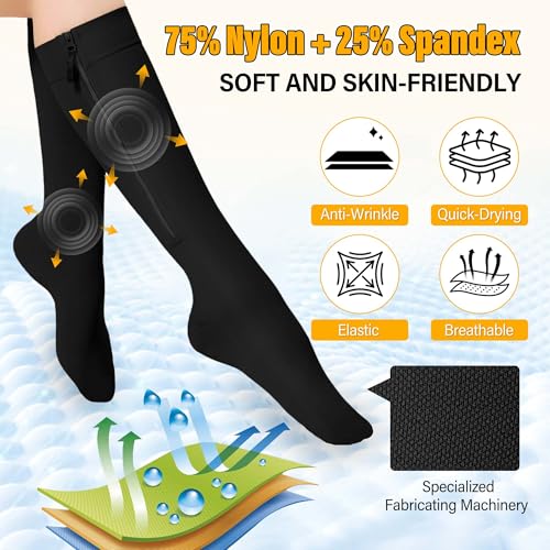 Zipper Compression Socks Men Women 15-20 mmHg Knee High Zip Up Black 4X-Large