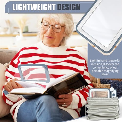 Magnifying Glass for Reading, Rechargeable 5X Large Page Magnifier with Light, Folding Handheld Dimmable Rectangle Lighted Magnifier for Reading Book Small Print for Seniors Low Vision, Blue White 5X/500%
