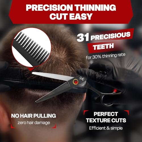 Professional Hair Cutting Scissors Kit, Thinning Shears, High-End 440C Stainless Steel Barber scissors with Sharp Edge Blades, 6.8 inch Hair Cutting Shears, Right Hand Hair Scissors for Salon, Home Black