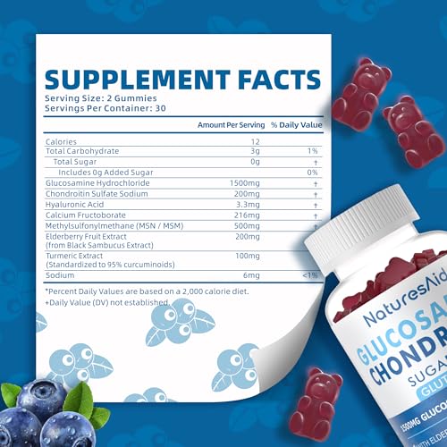 Natures Aid Glucosamine Chondroitin Gummies with MSM & Elderberry Extra Strength - Joint Support, Antioxidant Immune Support Supplement for Adults, Men & Women.(2 Pack) Blueberry 60 Count (Pack of 2)