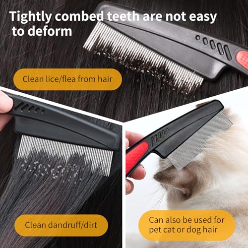 Dandruff Comb and Fine Tooth Lice/Psoriasis Comb Stainless Steel for Scalp Detox/Exfoliate for Women, Men & Kids, Flakes/Build Up Removal Shower Brush Tool for Hair Care/Growth, Set of Two (Red) Red