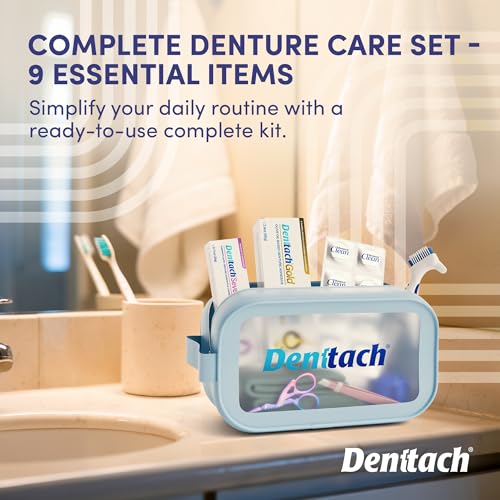Denture Starter Kit, 9 Piece Kit Includes Denttach Seven Thermoplastic Denture Adhesive, Gold Denture Adhesive, Clean Tablets, Case, Brush, Scissors, Tweezers, Microfiber Towel & Travel Case