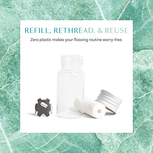 Better & Better Natural Floss in Refillable Glass Jar | 100% Plant-Based Waxed Dental Floss | with Natural Jojoba Oil & Peppermint, Zero Plastic | 3 Floss Bobbins (Each 30m/32.8yd)