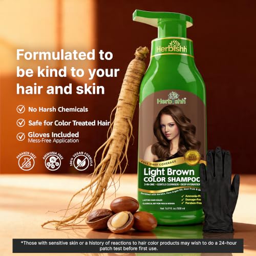 Herbishh Light Brown Hair Dye Shampoo for Gray Hair Coverage 500ml