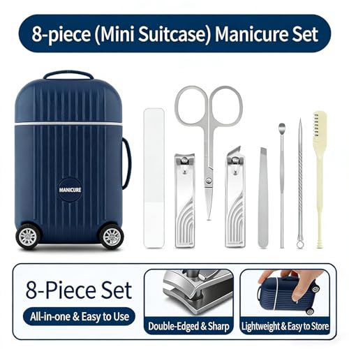 Nail Clippers Set, 8-in-1 Nail Clipper Set in Mini Travel Case, Ultra-Sharp Stainless Steel Manicure & Pedicure Kit, Portable Grooming Tools for Men, Women, Car Console & Gifts, Blue