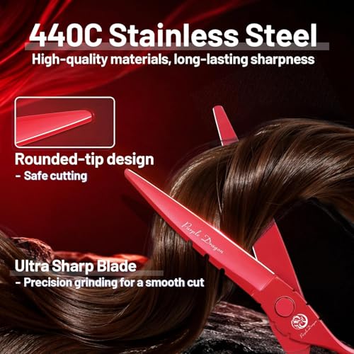Purple Dragon 6 inch Hair Cutting Scissors Set with Bag for Barbers - Red 6 inches