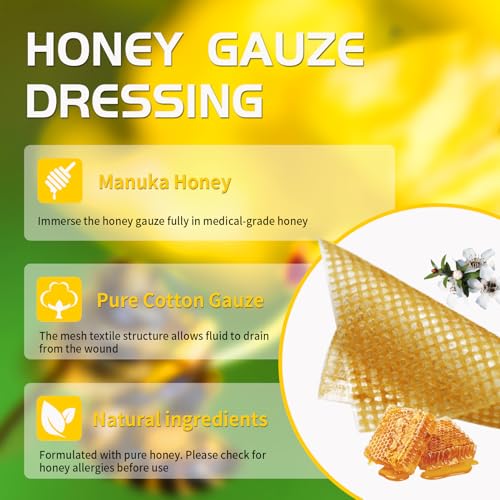 Manuka Honey Gauze Dressing, 6 Individual Pack, 4"x4" Patches, Manuka Honey Wound Care Gauze, for Cuts, Scald and Burns for Wound Healing Dressing