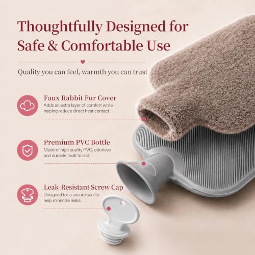 Hot Water Bottle with Luxury Cosy Faux Fur Cover, 2L Leakproof Hot Water Bag for Neck, Shoulder Pain Relief, Hot and Cold Therapies for Women,Men, Brown
