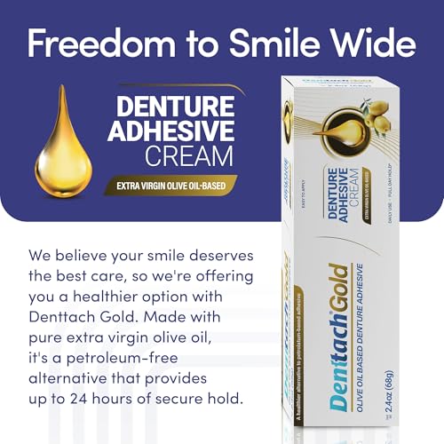 Denttach Gold Denture Adhesive, Petroleum Free Olive Oil Based Premium Denture Adhesive Cream for Full and Partial Dentures, All Day Secure Hold Denture Glue, Zinc Free, 2.4 Ounce (Pack of 2)
