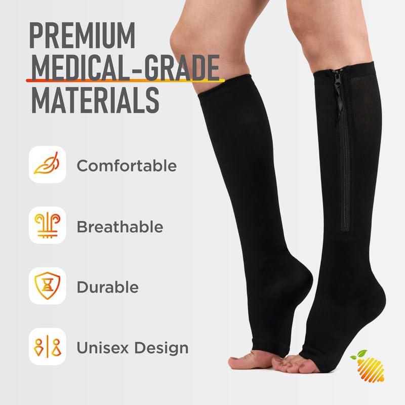 Compression Socks Men 20-30 mmHg - Open Toe Zippered Compression Stockings for Women, Improves Blood Circulation, Prevents Leg Swelling, Shin Splints, and Edema - 2XL, Black [1 Pair] - BeesActive Australia