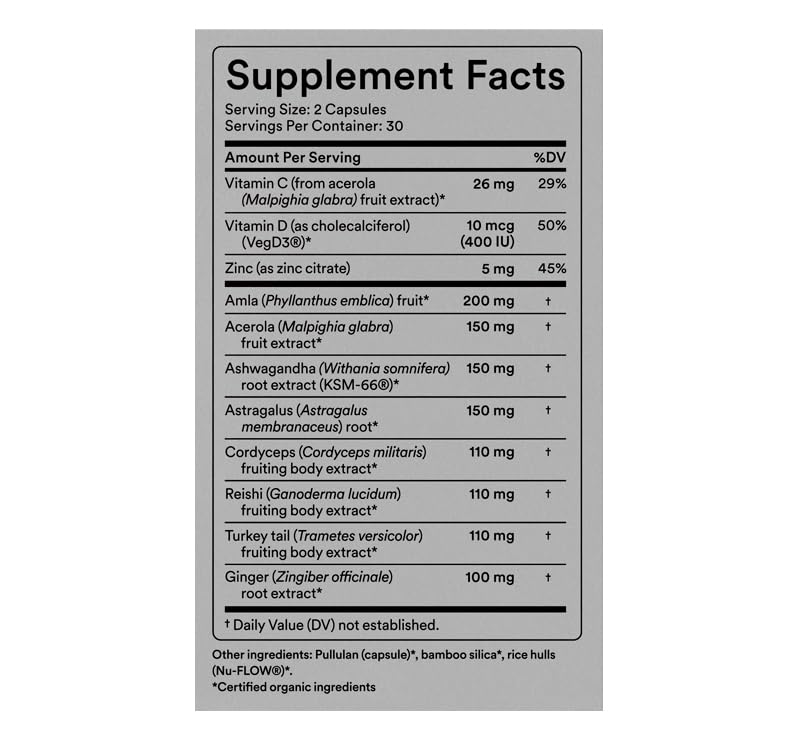 USDA Organic Immune Support Supplement – Vitamin D3, Vitamin C and Zinc – Plant-Based Immunity Support with Ashwagandha, Astragalus, Turkey Tail and Reishi Mushroom – 60 Capsules