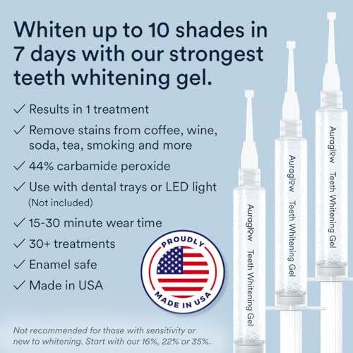 Auraglow Wired LED Teeth Whitening Kit & Extra Strength 44% Carbamide Peroxide Teeth Whitening Gel Refill Pack, 42 Treatments, Whiten Up to 10 Shades