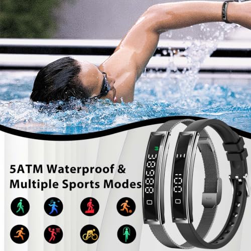 Smart Bracelet Fitness Health Tracker for Men Women with 2 Bands Black Steel + Black Silicone