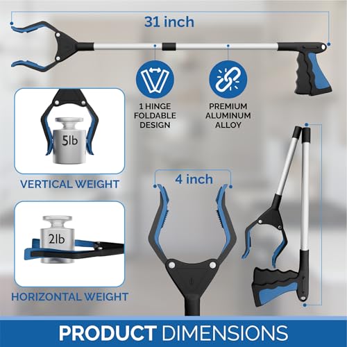 FitPlus 2024 Upgrade PowerGrip T9, Grabber Reacher Tool, Wide Jaw, Foldable, Steel Cable, with 96 Grip Points for Firm Grip, 32" with Magnet 32 Inch (Pack of 1) Blue