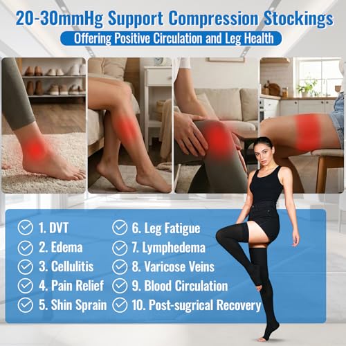 Compression Stockings, 20-30 mmHg Thigh High Compression Socks Open Toe XX-Large Black