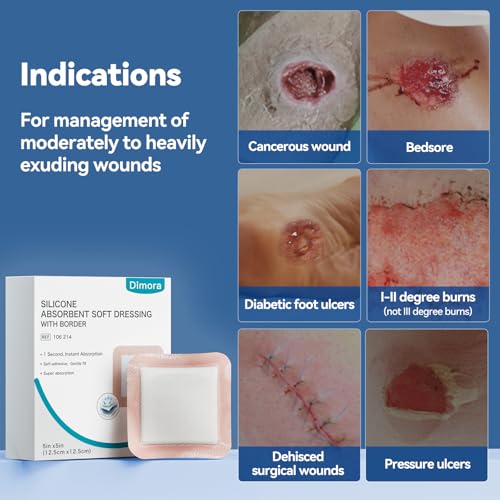 Dimora 20 Count Silicone Super Absorbent Wound Dressing - Gentle Border 5" x 5" Adhesive Bandages for Diabetic Foot Ulcers, Heavy Exudate Wound Care Pads with Ultrasorb Polymer 5"x 5" - 20 pcs