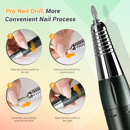 JEWHITENY Professional Rechargeable Nail Drill 35000 RPM, SG707 Electric Nail File with 6 Drill Bits for Acrylic Nails Gel Polishing Removing(Pink) Pink