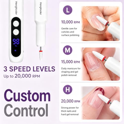Electric Nail Drill Professional Manicure Pedicure Kit Acrylic Nail Drill Machine for Gel Cordless Nail File Machine Toe Nail Tools 3 Speeds Thick Toenail Grinder(White white