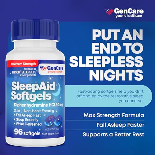 GenCare Nighttime Sleep Aid Diphenhydramine HCl 50mg, 96 Ct (2-Pk) 96 Softgels (Pack of 2)