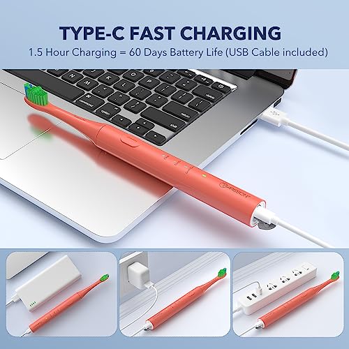 ARISSON Sonic Electric Toothbrush for Adults and Kids, 40,000 VPM Power Toothbrush, 1.5H Fast Charge Ultrasonic Electric Toothbrushes with 2 Minutes Smart Timer, 1.6 Oz Travel Toothbrush, Peach Orange 1 Count (Pack of 1)