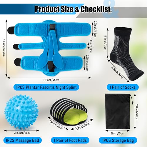 Plantar Fasciitis Night Splint - Adjustable Straps Relief Brace with Fasciitis Socks Massage Ball Arch Support, Foot Drop Achilles Tendonitis Heel Pain Night Support for Women Men (Blue) Blue