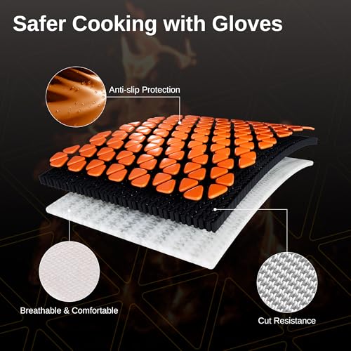 East Oak BBQ Gloves, 1472℉ Heat Resistant Gloves, Silicone Non-Slip Grill Gloves for Smoker, Fire Pits, Barbecue, Cooking, Black