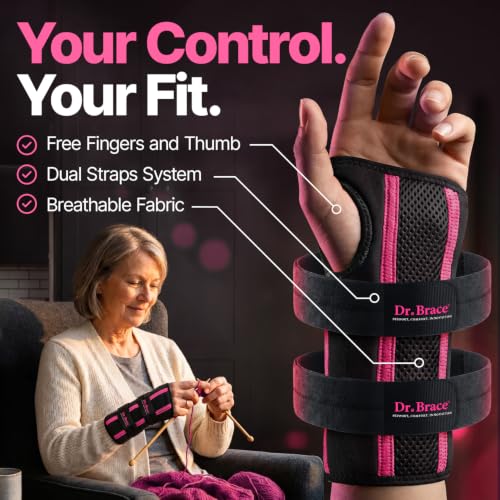 DR. BRACE Adjustable Wrist Brace Night Support for Carpal Tunnel, Doctor Developed, Upgraded with Double Splint & Therapeutic Cushion,Hand Brace for Pain Relief,Injuries,Sprains (S/M Left Hand, Black-Pink) Small/Medium (Left Hand)