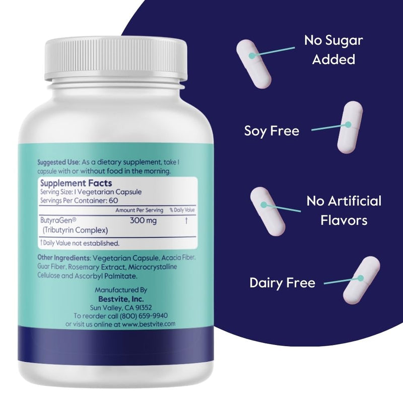 BESTVITE ButyraBoost 300mg Tributyrin Complex (60 Vegetarian Capsules) - No Stearates - Vegan - Non GMO - Gluten Free - Butyrate Gut Health Supplement 60 Count (Pack of 1) - BeesActive Australia