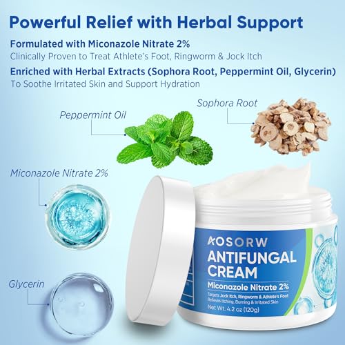 AOSORW Antifungal Cream for Jock Itch - Miconazole Anti Fungal Cream for Itchy Skin Relief Extra Strength - Ringworm Treatment for Humans - Athlete's Foot Treatment - 4.2 oz (120g)