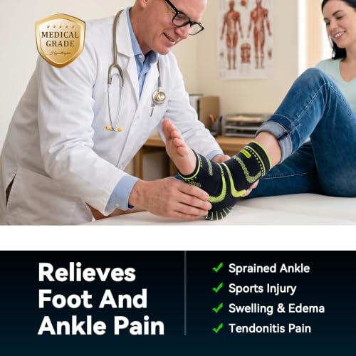 Ankle Brace for Men & Women, Compression Ankle Support with Dual Silicone Pads & Wraparound Strap for Sprained Ankle, Ankle Instability, Tendon Support & Everyday Stability (Black, Medium) Black-Medium
