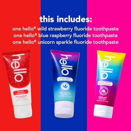 hello Variety (Unicorn, Strawberry, Dragon) Kids Toothpaste Bundle with Smiling Shark Fluoride Free Fruit Punch Toothpaste, 4.2 Ounce