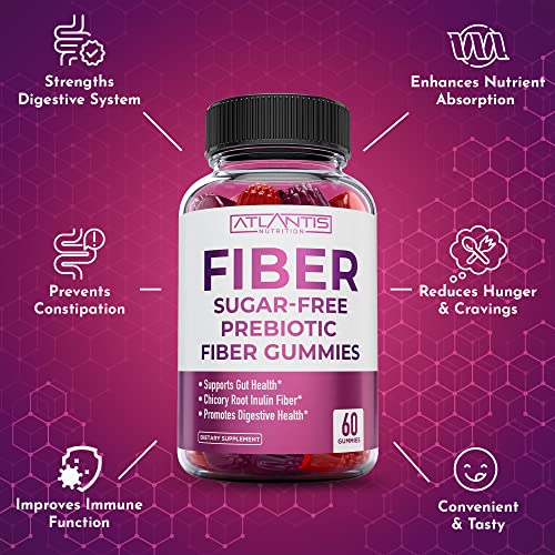 Atlantis Nutrition Sugar Free Fiber Gummies for Adults - 5G Fiber Supplement Formulated with 5.4G Prebiotic Digestive Blend/Serving - Supports Gut Health & Healthy Digestion - 2-Pack 120 Gummies 60 Count (Pack of 2)