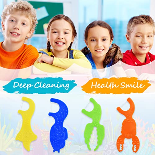 Kids Flossers, Unflavored, 4 Colors Ocean Animals Shaped (Pack of 4), and Small Woven Basket with Gift Bag and Ribbons