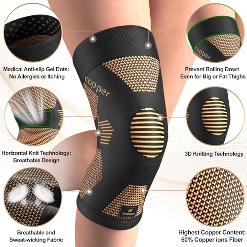 NEENCA Copper Knee Brace, Compression Knee Sleeve for Women/Men Pain Relief Large High Copper-Single