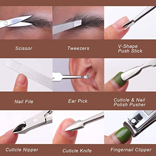 FAMILIFE Professional Manicure Kit Nail Clippers Set 11 in 1 Stainless Steel Pedicure Tools Kit Grooming Kit and 16pcs Gifts for Men Stainless Steel Portable Brown Leather Nail Kit Mens Gifts