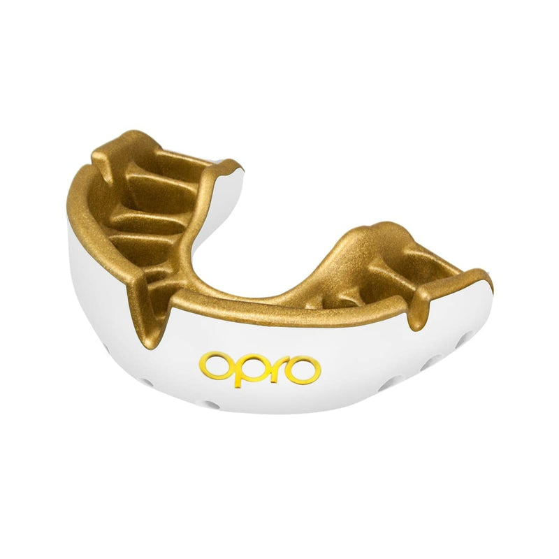 OPRO Gold Level Mouth Guard - Moldable Mouthguard with Premium Comfort Fit, and Multi-Layer Protection for Boxing, MMA, Rugby, Hockey, and Football Mouthpiece – Includes Case (White/Gold, Adult) White/Gold Adult (Age 10+)