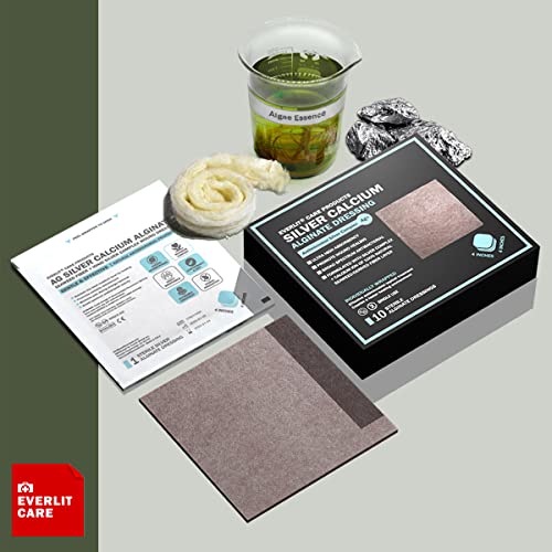 EVERLIT AG Silver Calcium Alginate Wound Dressing | Absorbent Non-Stick Sterile Dressing Pad | Gentle Hemostatic Gauze with Natural Gelling Fiber for Wound Care (4" x 4" | Pack of 10) 4" x 4" | Pack of 10