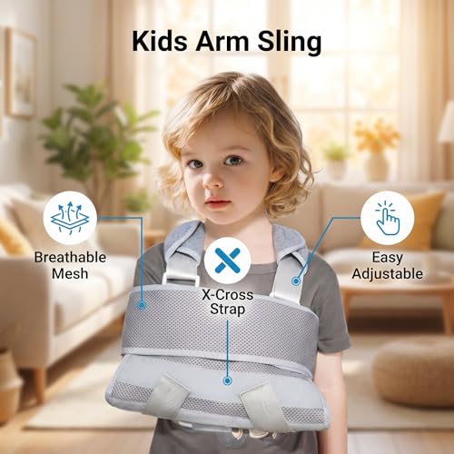 Kids Arm Sling, Adjustable X-Cross Shoulder Immobilizer with Breathable Mesh Padding for Broken Fractured Arm Wrist Elbow Injury, Left Right Universal, Gray, S