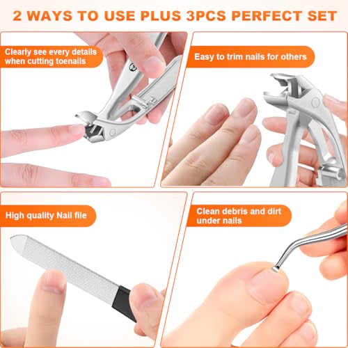 Toenail Clippers for Seniors, 2026 Upgrade Angled Head Nail Clippers for Men with Catcher, CLPPNA Ergonomic Toenails Clipper for Thick Toenails Long Handle, Sharp Wide Jaw Fingernail Clippers Adult 3PCS(2025 Angled Sliver ）