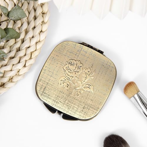 Travel Small Compact 1X/2X Mirror - Handheld, Foldable, Lightweight - Mini Pocket Magnifier for Wallet - Square 3.0 inches x 2.8 inches (Ancient Bronze) Ancient Bronze
