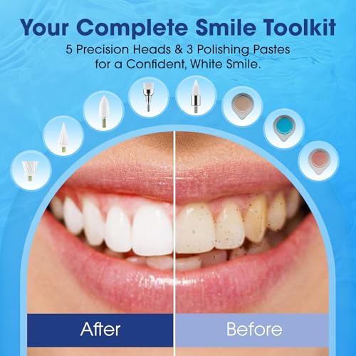 Tooth Polisher Plaque Remover for Teeth, Whitening Kit with 10 Brush Heads & 6 Polishing Pastes, 5 Smart Modes to Effectively Remove Stains, Yellowing and Plaque, Rechargeable, Black 1 count (Pack of 1) 1 Count (Pack of 1)