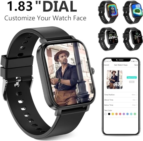 Smart Watch for Men Women SmartWatch 1.83" for iPhone Samsung Android Phone Compatible, Fitness Tracker Watch with Pedometer, Heart Rate/Sleep Monitor, Blood Oxygen, IP68 Waterproof Black