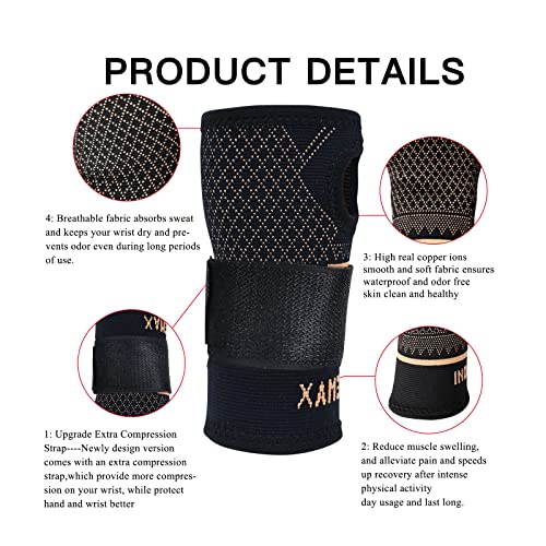 INDEEMAX Copper Wrist Compression Sleeve 1 Pair, Comfortable Hand Brace Support with Strap for Arthritis, Tendonitis, Sprains, Workout, Carpal Tunnel - Left & Right - Women and Men L Black New