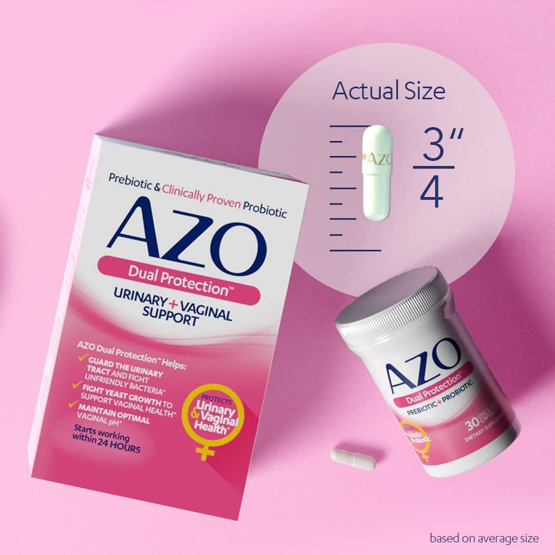 AZO Dual Protection, Urinary + Vaginal Support, Prebiotics and Probiotics for Women*, Starts Working Within 24 Hours, Non-GMO, 30 Count 30 Count (Pack of 1) - BeesActive Australia