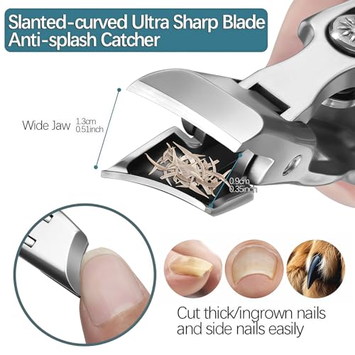 Ingrown Toenail Clippers with Wide Jaw Slanted Blades, Anti-Splash Safety Lock Ultra Sharp Toe Nail Clippers for Thick Nails for Seniors Men Adult Women, Comes with Metal File and Storage Case Silver Large