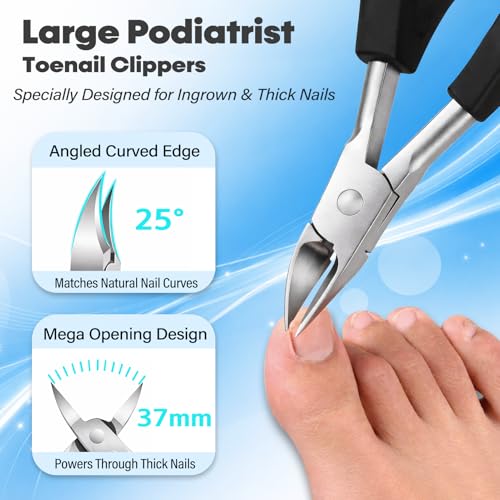 8-in-1 Heavy Duty Toenail & Fingernail Clippers for Seniors Men with Thick & Ingrown Nails - Manicure Pedicure Kit with 360° Swivel Head - Professional Wide Jaw Podiatrist Tools