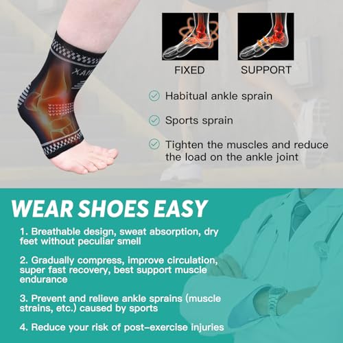 INDEEMAX Copper Ankle Brace for Women Men, Copper Infused Ankle Compression Support Sleeve for Plantar Fasciitis, Sprained Ankle, Achilles Tendonitis Brace, M Silver Black Medium
